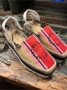 Stella McCartney Pink and Tan Striped Espadrille Platform Sandals